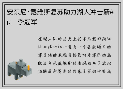 安东尼·戴维斯复苏助力湖人冲击新赛季冠军